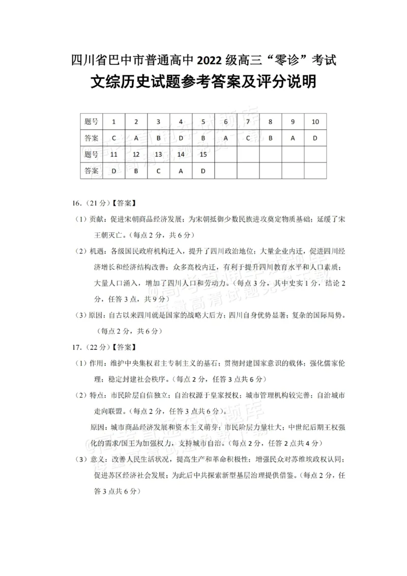 2025届四川省巴中市高三&ldquo;零诊&rdquo;考试历史试题答案_A1502026各地模拟卷（超值！）_9月_240920四川省巴中市2025届高三上学期&ldquo;零诊&rdquo;考试_2025届四川省巴中市高三&ldquo;零诊&rdquo;考试历史