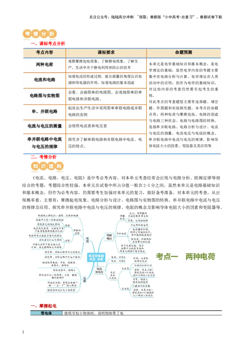 专题15电流、电路、电压、电阻（讲义）（原卷版）_02中考总复习（2026版更新中）_04-物理-中考总复习_2024年中考复习资料_一轮复习_配套讲义（原卷版+解析版）