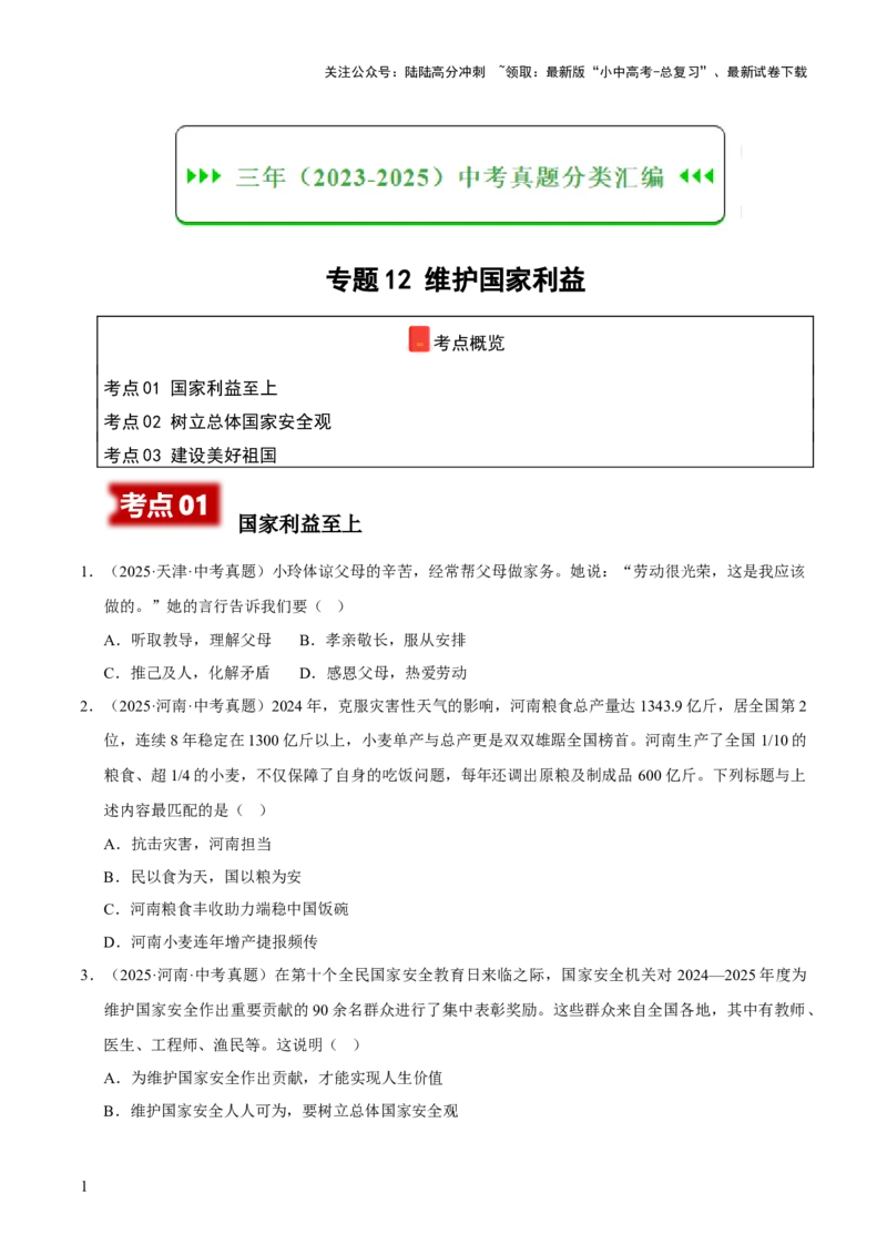 专题12维护国家利益（原卷版）_02中考总复习（2026版更新中）_07-道法-中考总复习_2026年中考复习（更新中）_好题汇编三年（2023-2025）中考道德与法治真题分类汇编（全国通用）