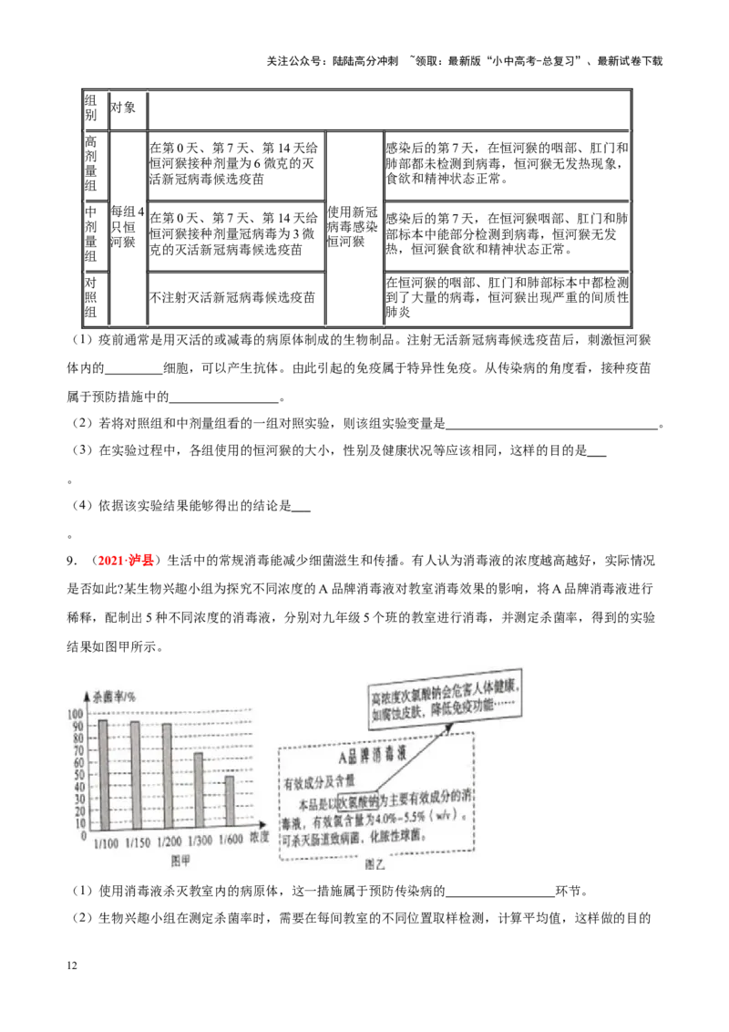专题14&nbsp;健康地生活（原卷版）_02中考总复习（2026版更新中）_08-生物-中考总复习_2024年中考复习资料_专项复习_完三年（2021-2023）中考生物真题分项汇编（全国通用）
