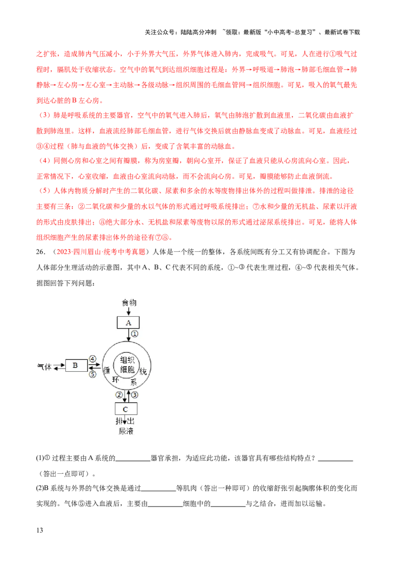 专题13人体内废物的排出（解析版）_02中考总复习（2026版更新中）_08-生物-中考总复习_2024年中考复习资料_一轮复习_❤备战2024年中考生物一轮复习考点帮（全国通用）_练习