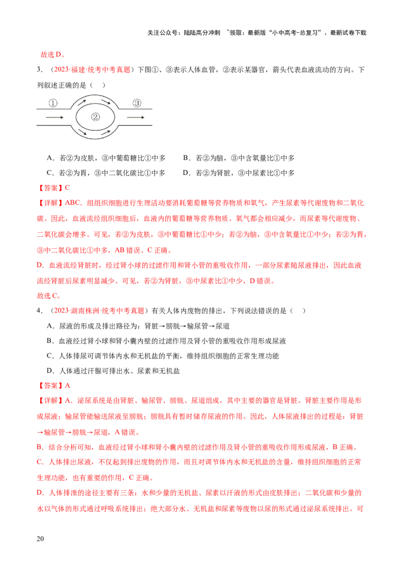 专题13人体内废物的排出（解析版）_02中考总复习（2026版更新中）_08-生物-中考总复习_2024年中考复习资料_一轮复习_❤备战2024年中考生物一轮复习考点帮（全国通用）_练习