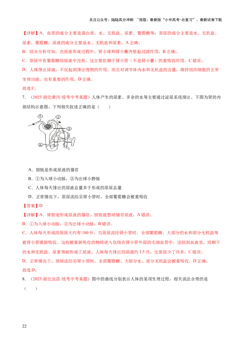 专题13人体内废物的排出（解析版）_02中考总复习（2026版更新中）_08-生物-中考总复习_2024年中考复习资料_一轮复习_❤备战2024年中考生物一轮复习考点帮（全国通用）_练习