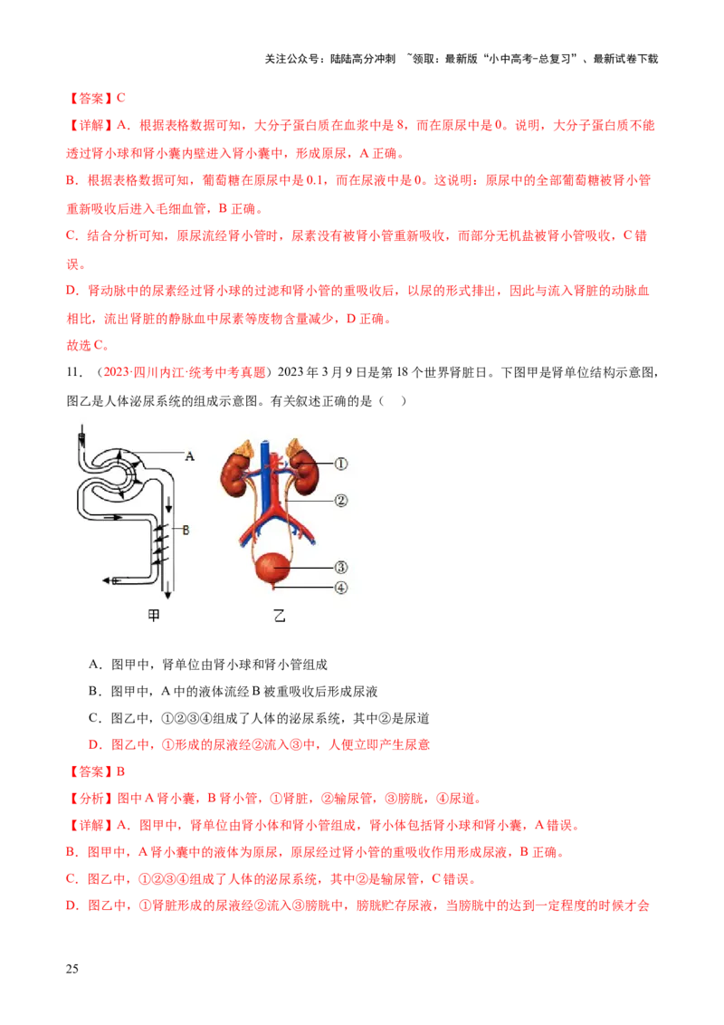 专题13人体内废物的排出（解析版）_02中考总复习（2026版更新中）_08-生物-中考总复习_2024年中考复习资料_一轮复习_❤备战2024年中考生物一轮复习考点帮（全国通用）_练习