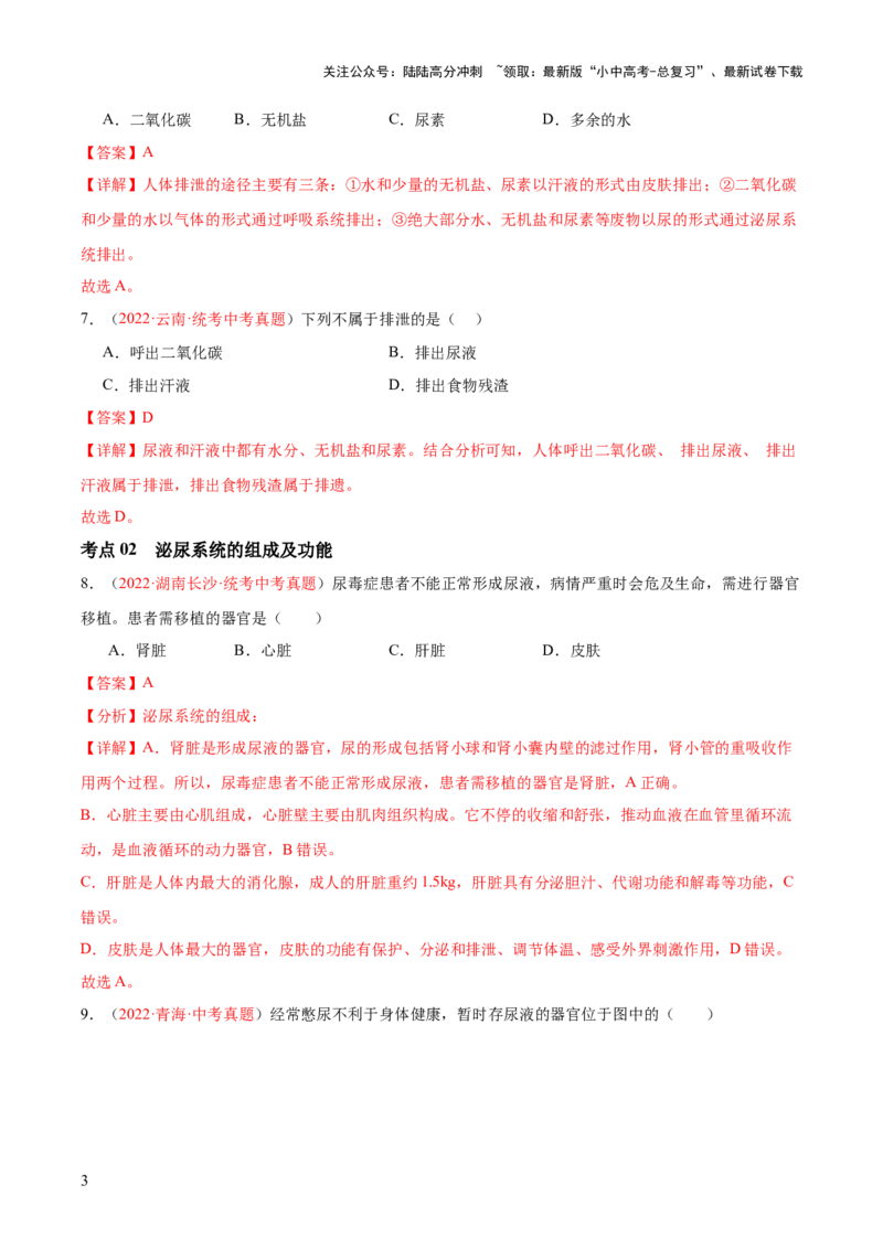 专题13人体内废物的排出（解析版）_02中考总复习（2026版更新中）_08-生物-中考总复习_2024年中考复习资料_一轮复习_❤备战2024年中考生物一轮复习考点帮（全国通用）_练习
