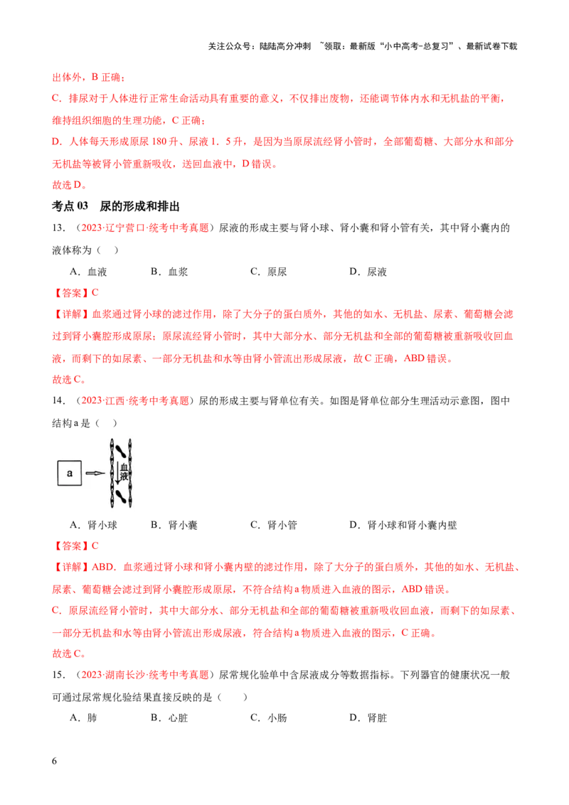 专题13人体内废物的排出（解析版）_02中考总复习（2026版更新中）_08-生物-中考总复习_2024年中考复习资料_一轮复习_❤备战2024年中考生物一轮复习考点帮（全国通用）_练习
