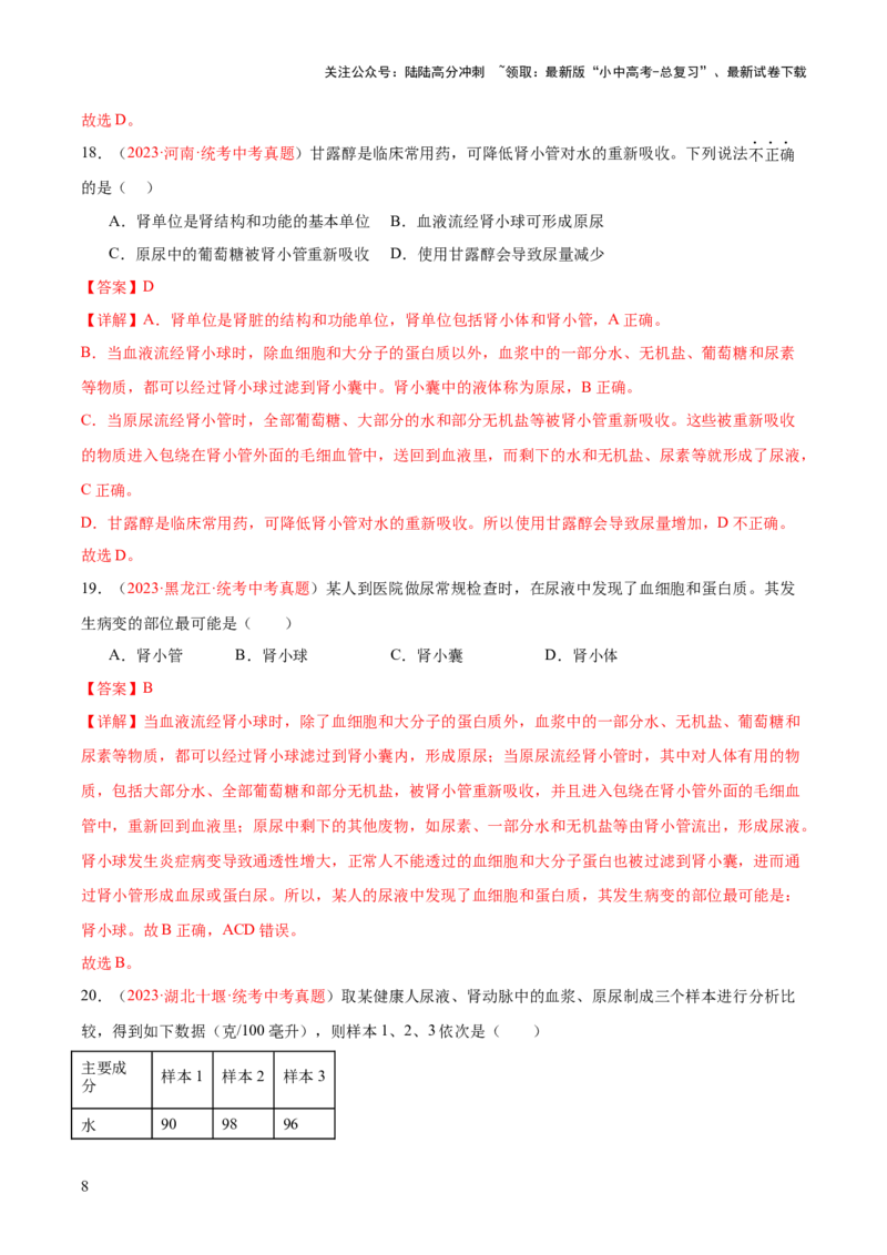 专题13人体内废物的排出（解析版）_02中考总复习（2026版更新中）_08-生物-中考总复习_2024年中考复习资料_一轮复习_❤备战2024年中考生物一轮复习考点帮（全国通用）_练习