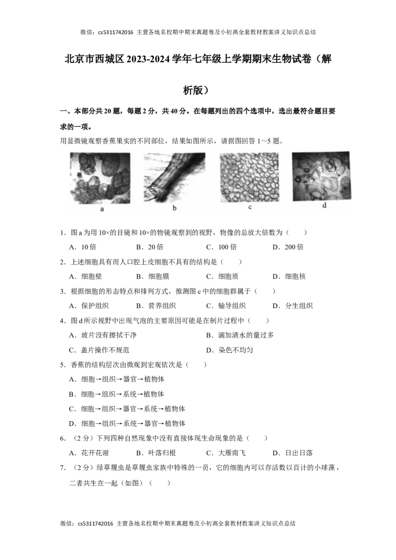 北京市西城区2023-2024学年七年级上学期期末生物试卷(1)_北京初中期末题_C605-京七八九_B京生物七八九_北京7上生物_2022-2024_北京生物7上期末