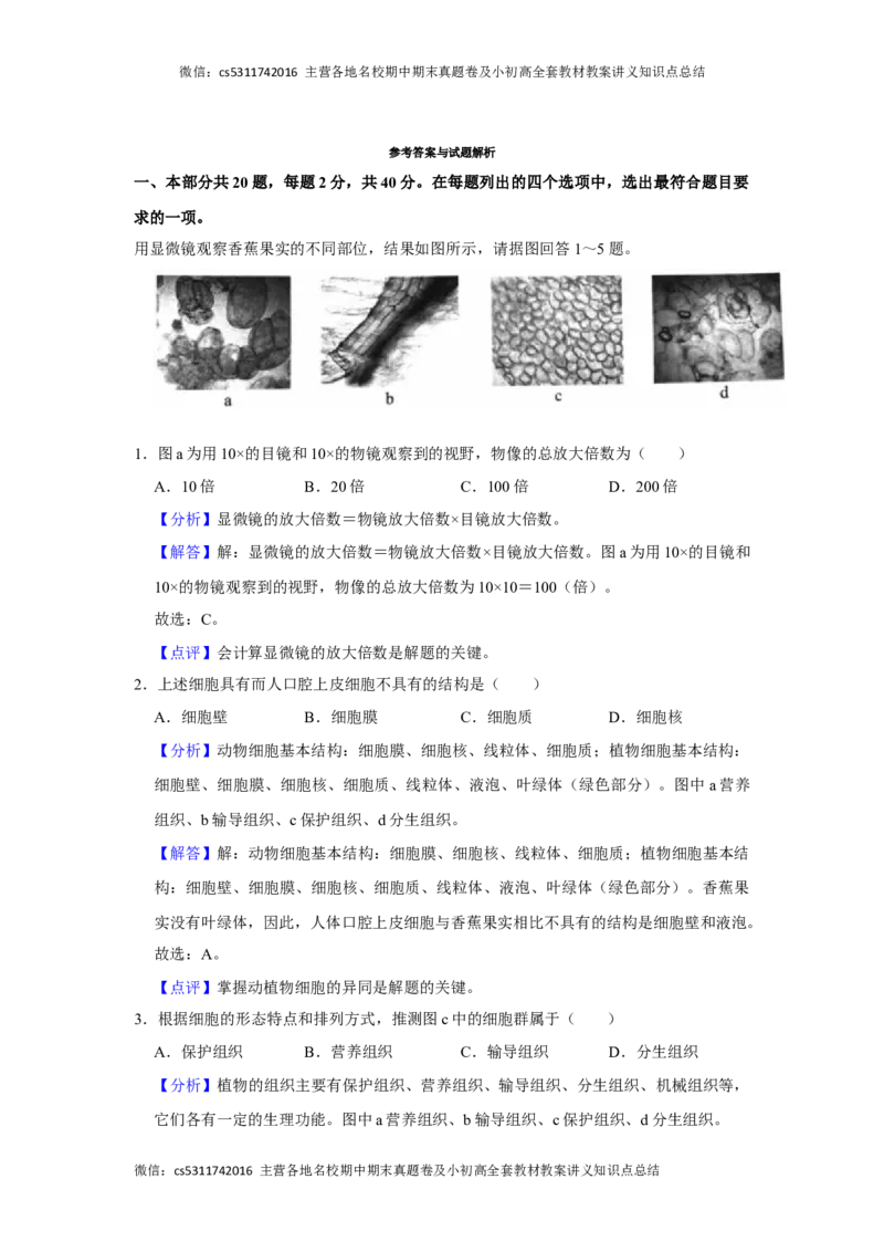 北京市西城区2023-2024学年七年级上学期期末生物试卷(1)_北京初中期末题_C605-京七八九_B京生物七八九_北京7上生物_2022-2024_北京生物7上期末