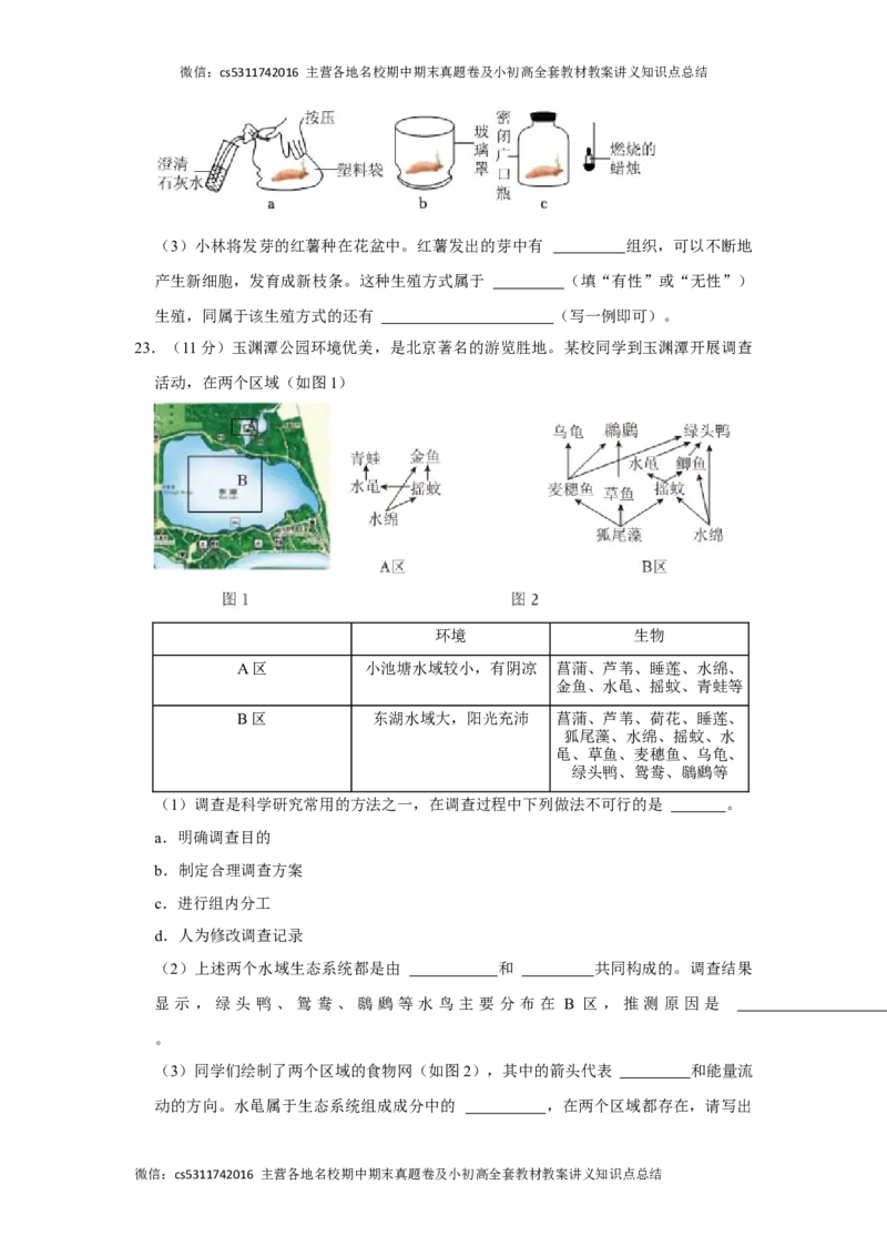 北京市西城区2023-2024学年七年级上学期期末生物试卷(1)_北京初中期末题_C605-京七八九_B京生物七八九_北京7上生物_2022-2024_北京生物7上期末