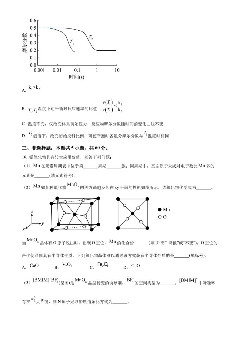2024年高考化学真题（山东自主命题）（原卷版）_全国卷+地方卷_5.化学_1.化学高考真题试卷_2024年高考-化学_2024年山东自主命题-化学