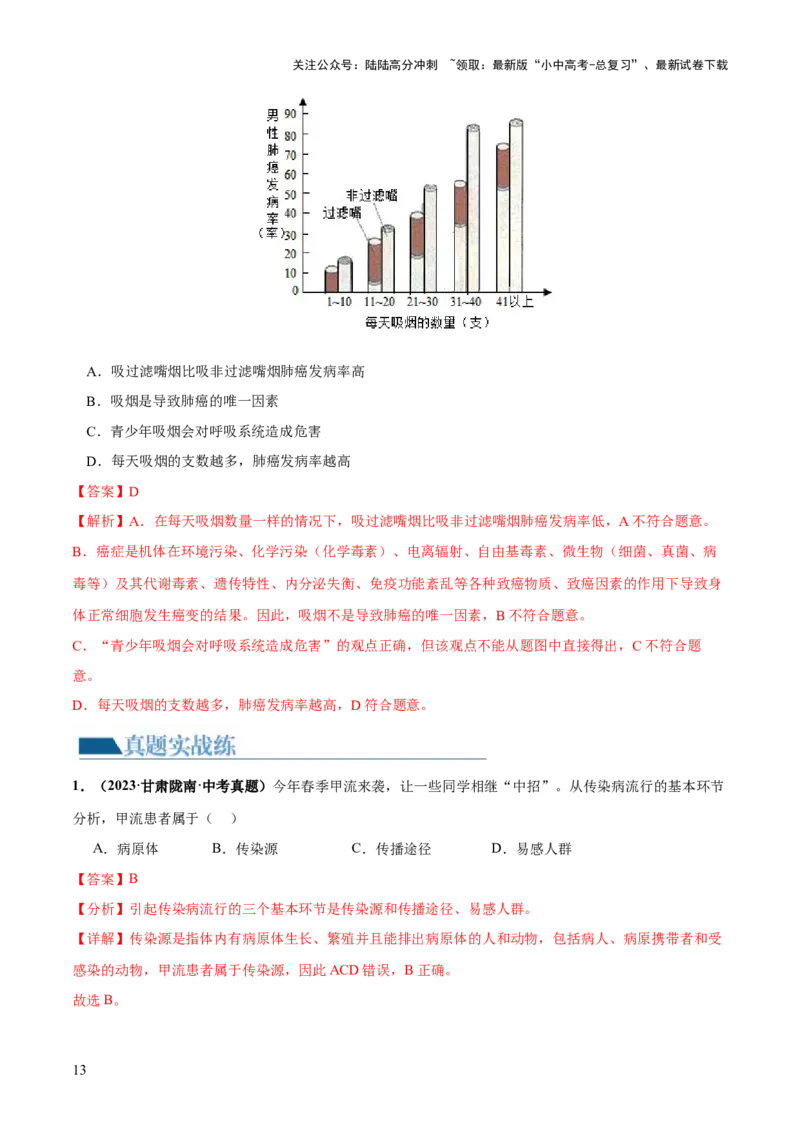 专题15健康地生活（练习）（解析版）_02中考总复习（2026版更新中）_08-生物-中考总复习_2024年中考复习资料_一轮复习_❤2024年中考生物一轮复习讲练测（全国通用）_练习