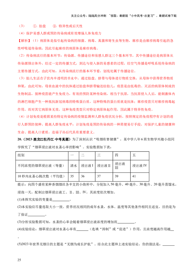 专题15健康地生活（练习）（解析版）_02中考总复习（2026版更新中）_08-生物-中考总复习_2024年中考复习资料_一轮复习_❤2024年中考生物一轮复习讲练测（全国通用）_练习