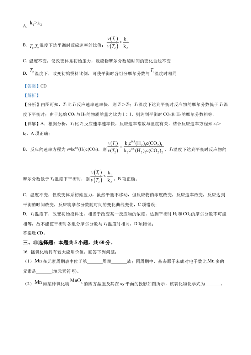 2024年高考化学真题（山东自主命题）（解析版）_全国卷+地方卷_5.化学_1.化学高考真题试卷_2024年高考-化学_2024年山东自主命题-化学