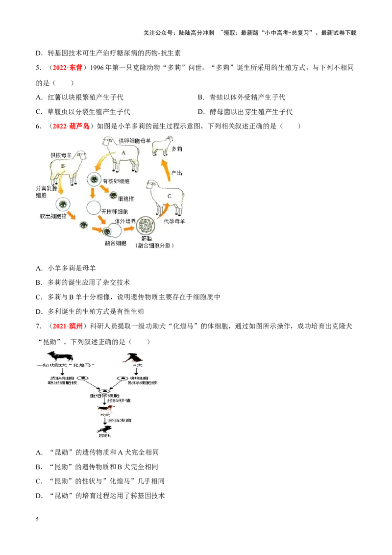 专题15&nbsp;生物技术（原卷版）_02中考总复习（2026版更新中）_08-生物-中考总复习_2024年中考复习资料_专项复习_完三年（2021-2023）中考生物真题分项汇编（全国通用）