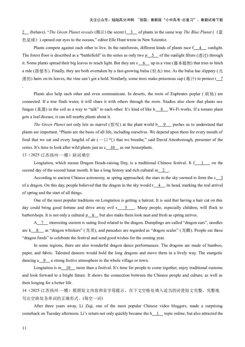 专题14首字母填空（答题模板）（原卷版）_02中考总复习（2026版更新中）_03-英语-中考总复习_2025中考复习资料_2025年中考英语答题方法模板