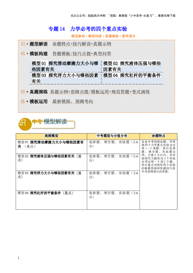 专题14力学必考的四个重点实验（原卷版）_02中考总复习（2026版更新中）_04-物理-中考总复习_2025年中考复习资料_2025年中考物理答题方法模板