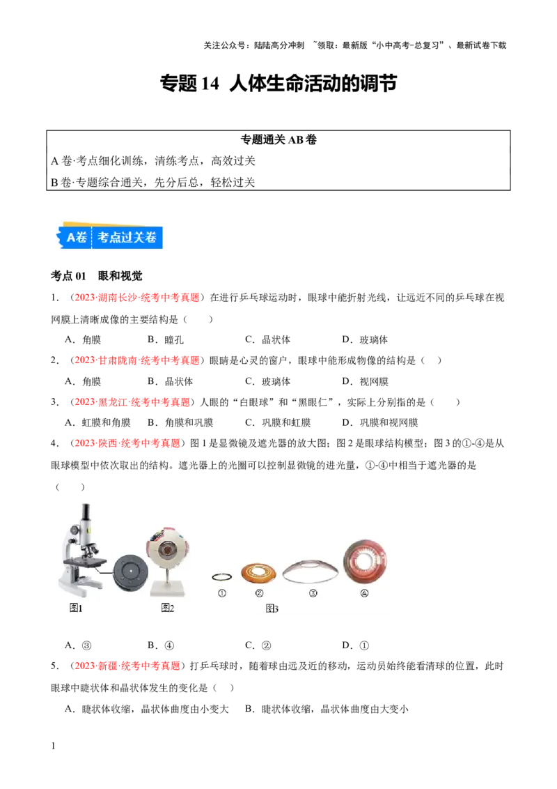 专题14人体生命活动的调节（原卷版）_02中考总复习（2026版更新中）_08-生物-中考总复习_2024年中考复习资料_一轮复习_❤备战2024年中考生物一轮复习考点帮（全国通用）_练习