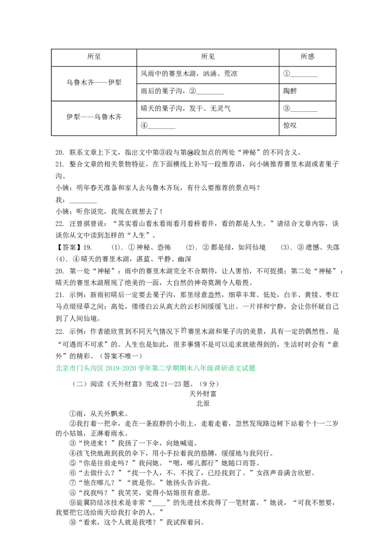 北京市2019-2020学年下学期八年级期末语文试卷分类汇编：文学类文本阅读专题(1)_北京初中期末题_C605-京七八九_B语文七八九_北京语文八下_2022-2023前