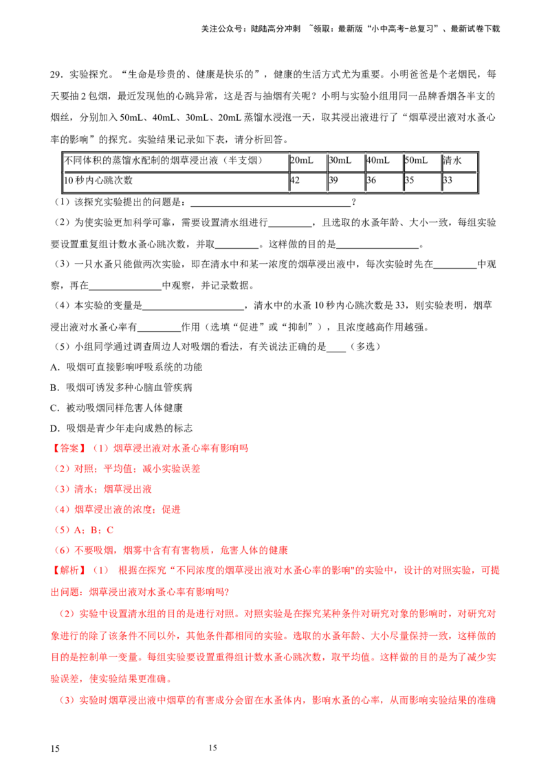 专题15健康地生活（习题精练）-省心备考2024年中考生物一轮复习精讲精练（全国通用）（解析版）_02中考总复习（2026版更新中）_08-生物-中考总复习_2024年中考复习资料_一轮复习