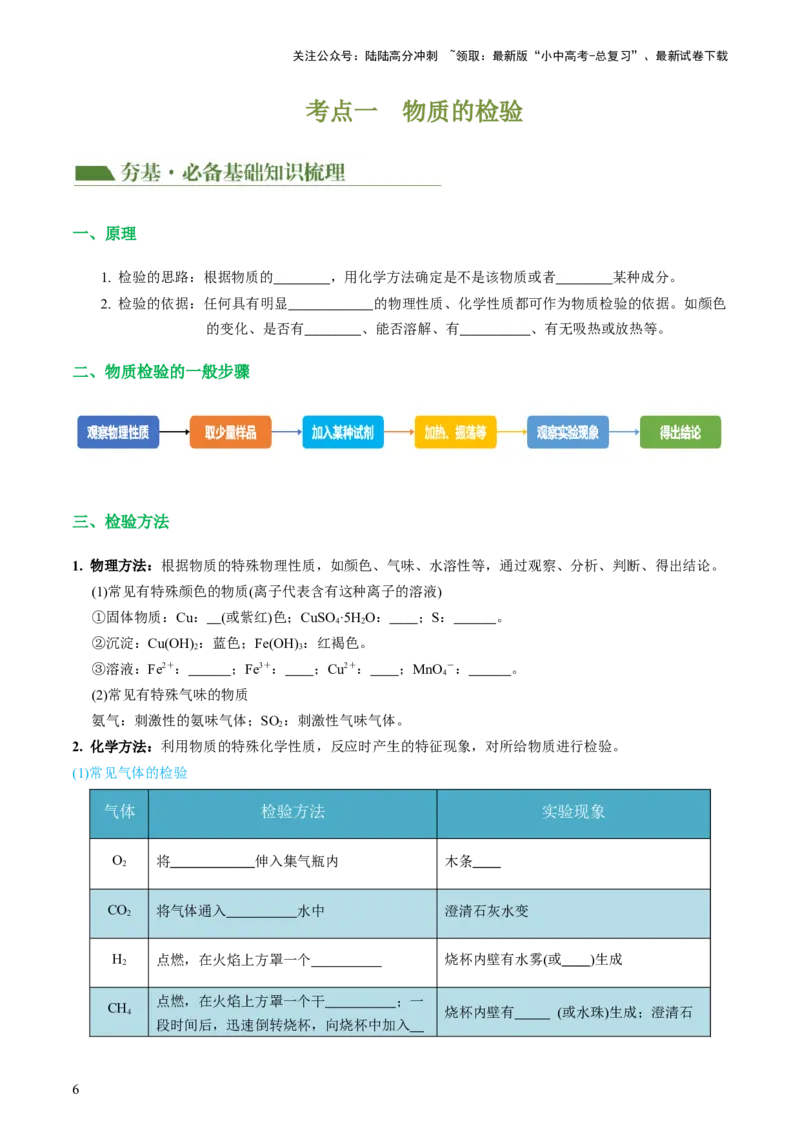 专题15物质的检验、鉴别与除杂（讲义）-2024年中考化学一轮复习讲练测（全国通用）（原卷版）_02中考总复习（2026版更新中）_05-化学-中考总复习_2024年中考复习资料_一轮复习资料