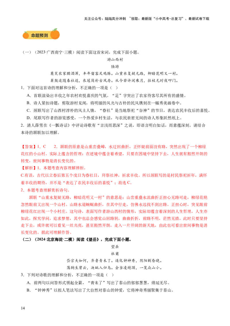 专题14鉴赏品析（讲练）（解析版）_02中考总复习（2026版更新中）_01-语文-中考总复习_2025年中考资料_2025中考二轮课件ppt+讲义+练习语文_讲义练习