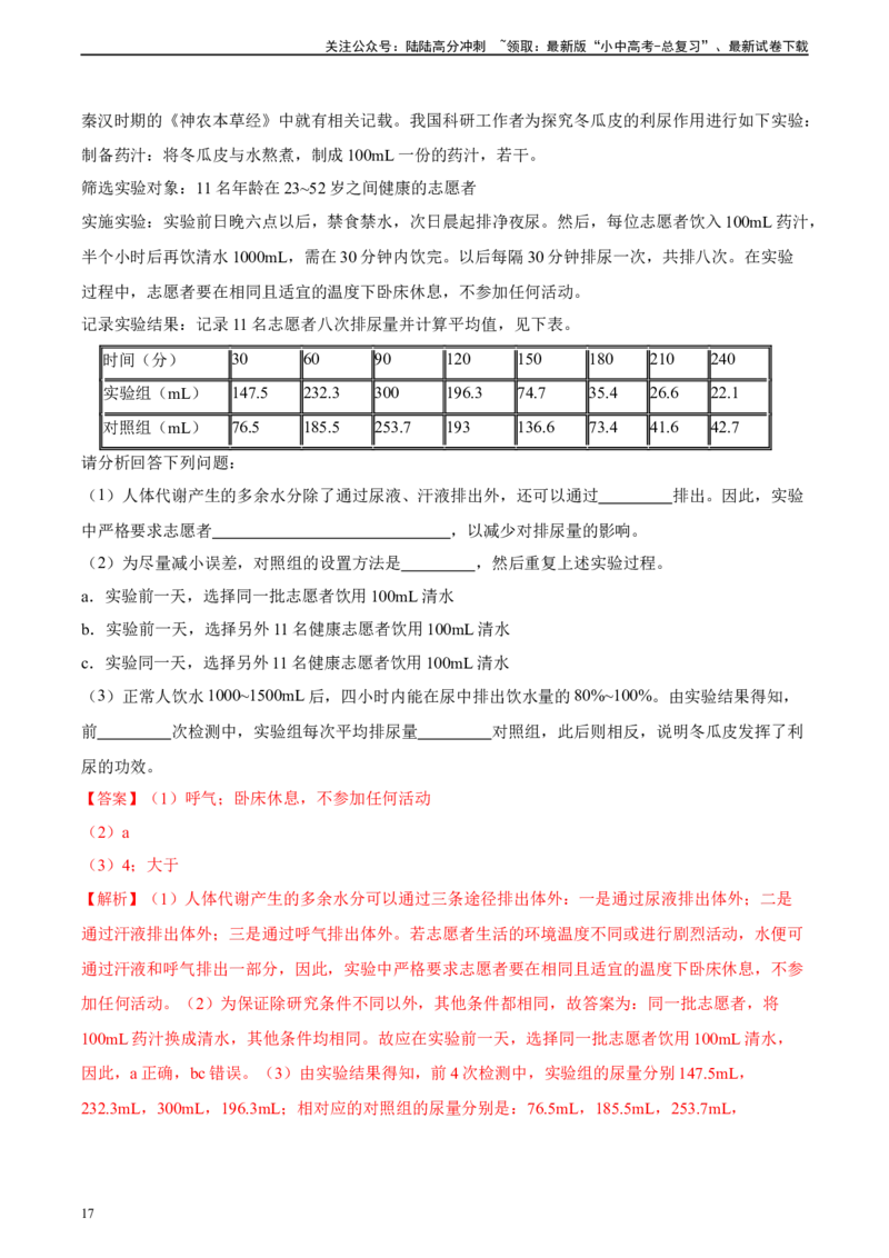 专题13人体内废物的排出（习题精练）-省心备考2024年中考生物一轮复习精讲精练（全国通用）（解析版）_02中考总复习（2026版更新中）_08-生物-中考总复习_2024年中考复习资料