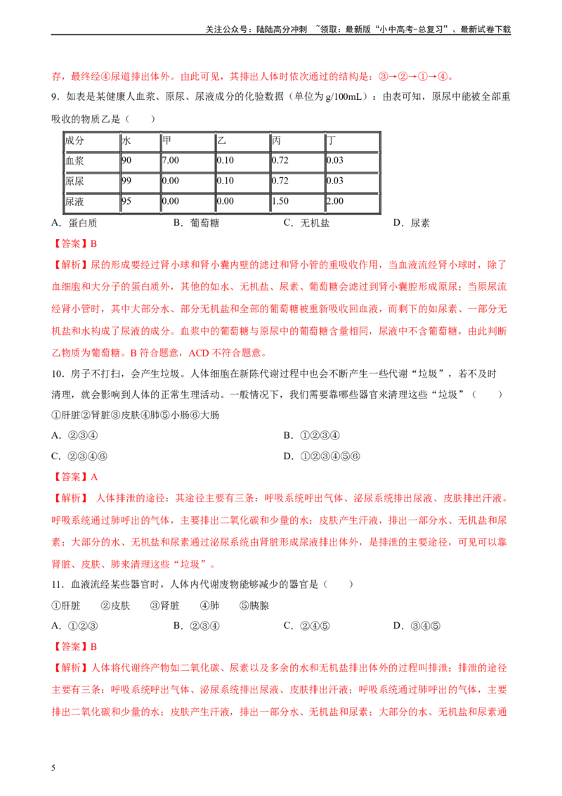 专题13人体内废物的排出（习题精练）-省心备考2024年中考生物一轮复习精讲精练（全国通用）（解析版）_02中考总复习（2026版更新中）_08-生物-中考总复习_2024年中考复习资料