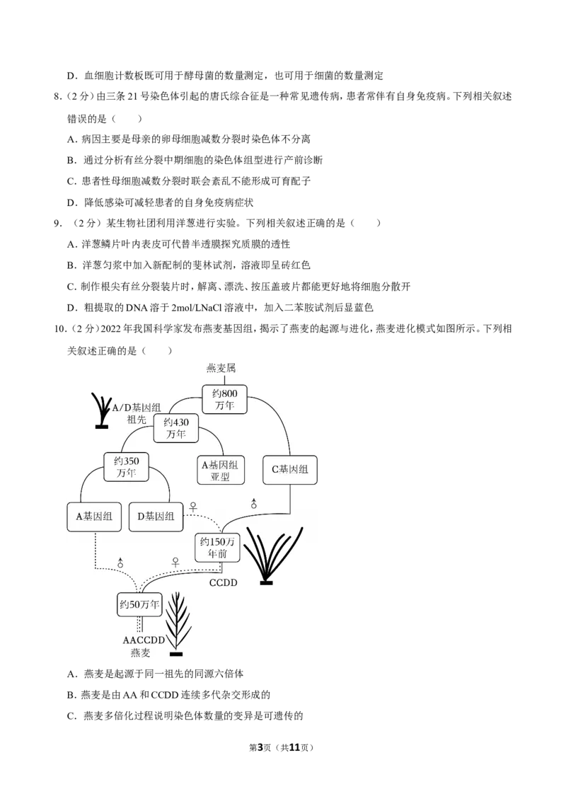 2023年高考生物真题（江苏自主命题）（原卷版）_全国卷+地方卷_6.生物_1.生物高考真题试卷_2023年高考-生物_2023年江苏自主命题