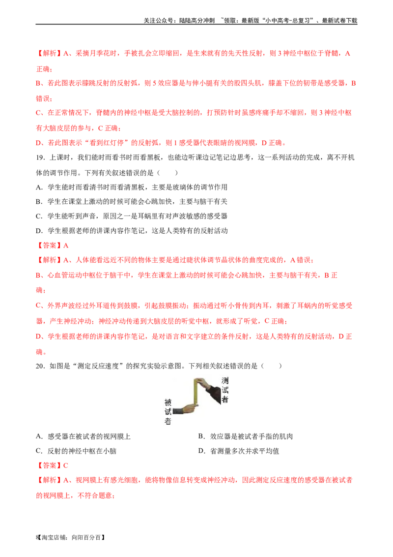 专题14人体生命活动的调节（习题精练）-省心备考2024年中考生物一轮复习精讲精练（全国通用）（解析版）_02中考总复习（2026版更新中）_08-生物-中考总复习_2024年中考复习资料
