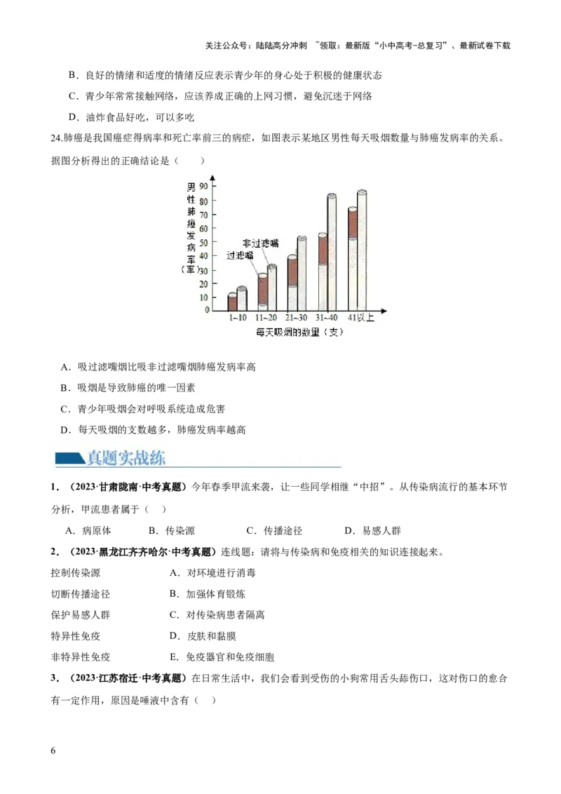 专题15健康地生活（练习）（原卷版）_02中考总复习（2026版更新中）_08-生物-中考总复习_2024年中考复习资料_一轮复习_❤2024年中考生物一轮复习讲练测（全国通用）_练习