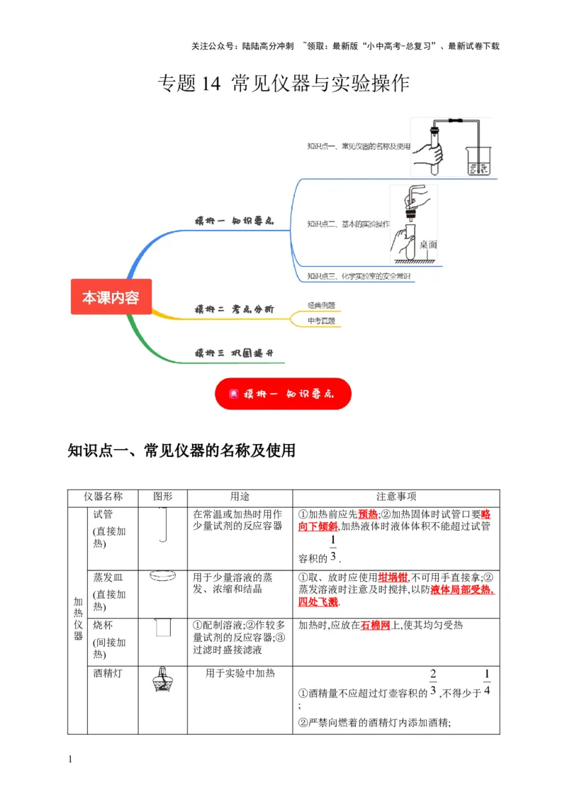 专题14常见仪器与实验操作（解析版）_02中考总复习（2026版更新中）_05-化学-中考总复习_2024年中考复习资料_专项复习资料_2024年中考化学复习考点一遍过（全国通用）