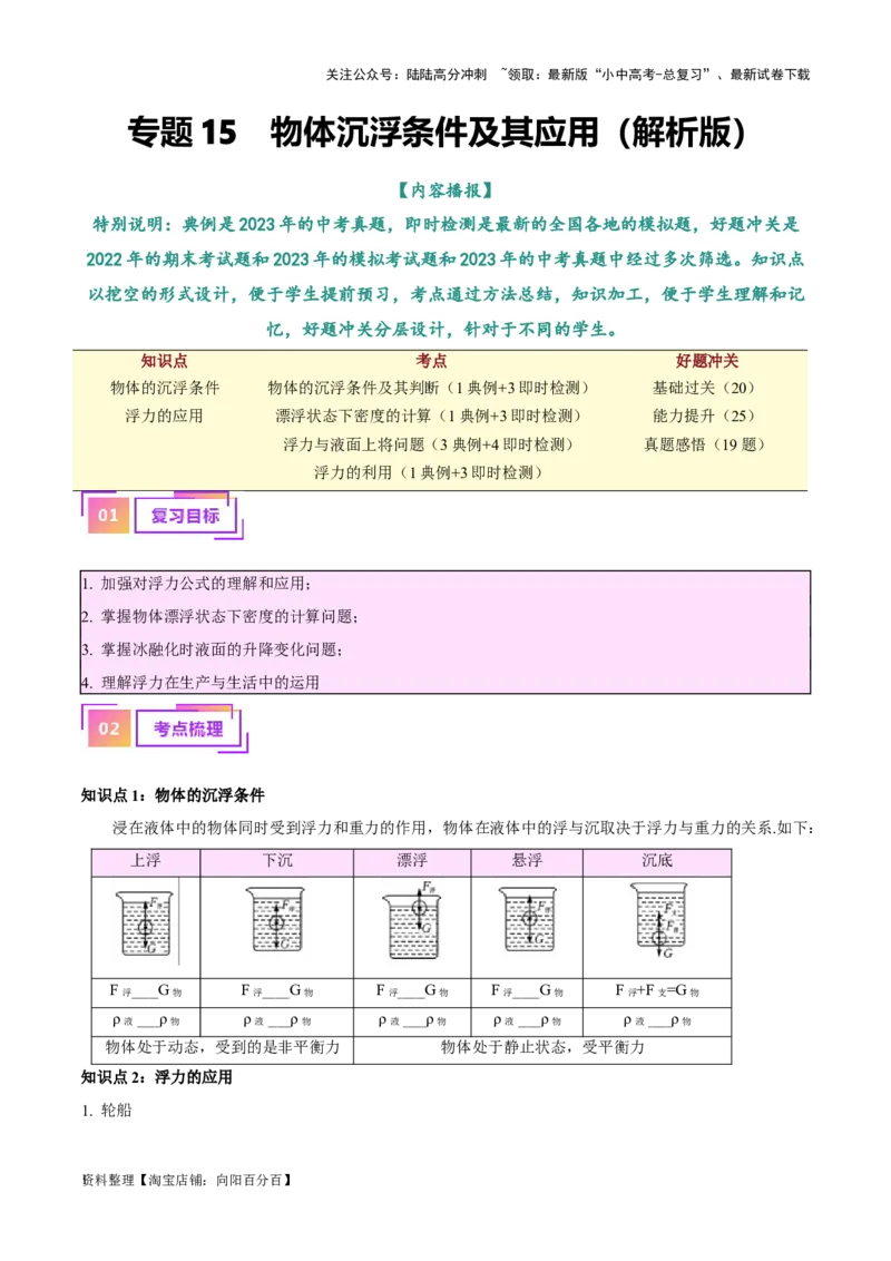 专题15物体沉浮条件及其应用（解析版）_02中考总复习（2026版更新中）_04-物理-中考总复习_2024年中考复习资料_一轮复习_完备战2024年中考物理一轮复习考点帮（全国通用）