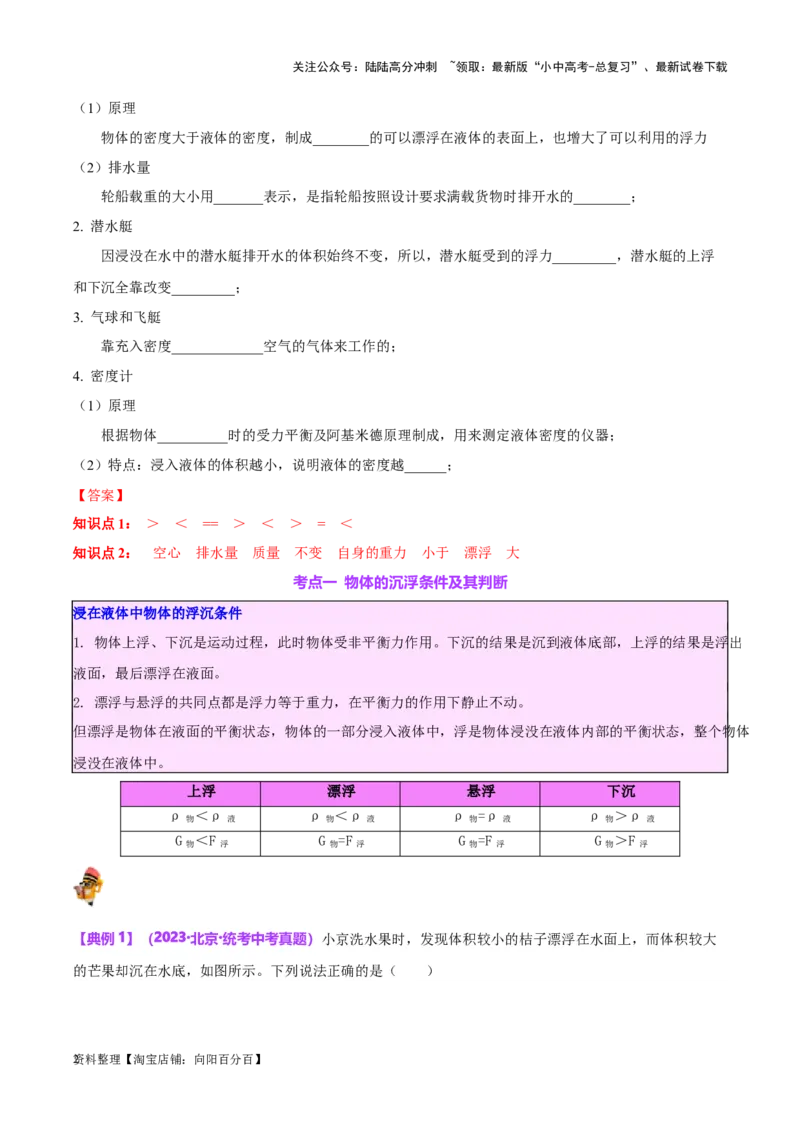 专题15物体沉浮条件及其应用（解析版）_02中考总复习（2026版更新中）_04-物理-中考总复习_2024年中考复习资料_一轮复习_完备战2024年中考物理一轮复习考点帮（全国通用）