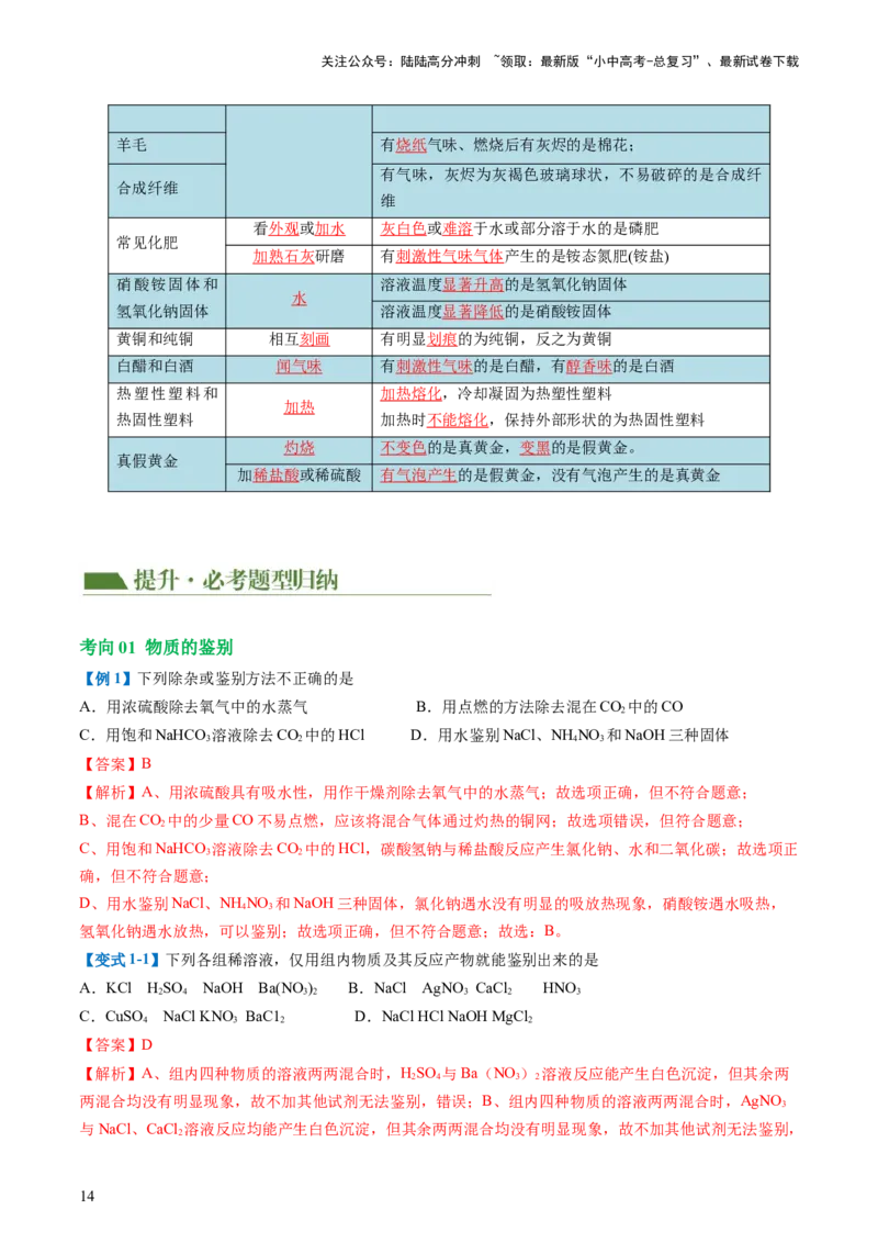 专题15物质的检验、鉴别与除杂（讲义）-2024年中考化学一轮复习讲练测（全国通用）（解析版）_02中考总复习（2026版更新中）_05-化学-中考总复习_2024年中考复习资料_一轮复习资料
