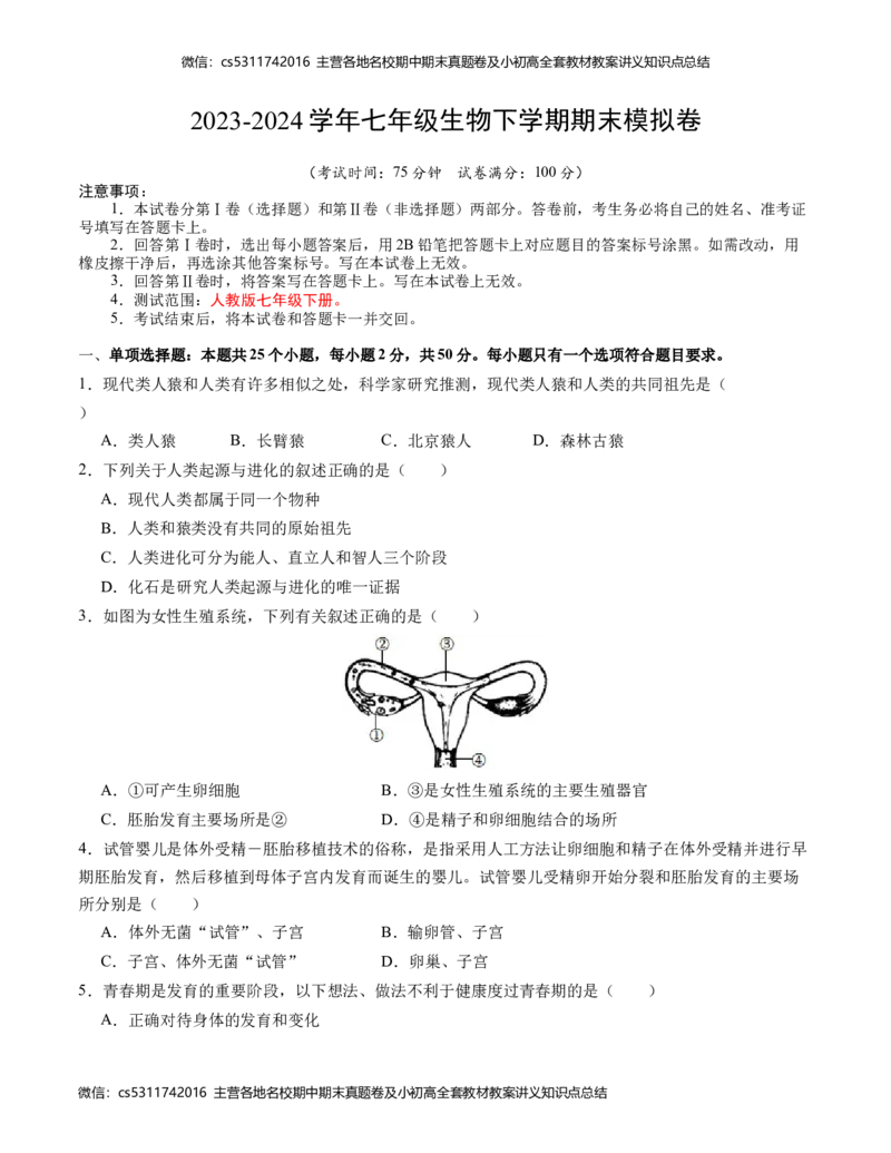 七年级生物期末模拟卷（考试版A4）测试范围：七年级人教版下册(1)_北京初中期末题_C605-京七八九_B京生物七八九_北京7下生物_2022-2024_北京生物7下期末