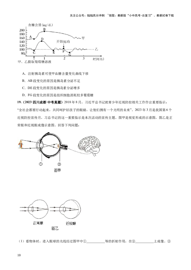 专题14人体生命活动的调节（练习）（原卷版）_02中考总复习（2026版更新中）_08-生物-中考总复习_2024年中考复习资料_一轮复习_❤2024年中考生物一轮复习讲练测（全国通用）_练习