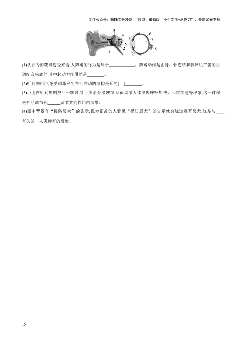 专题14人体生命活动的调节（练习）（原卷版）_02中考总复习（2026版更新中）_08-生物-中考总复习_2024年中考复习资料_一轮复习_❤2024年中考生物一轮复习讲练测（全国通用）_练习