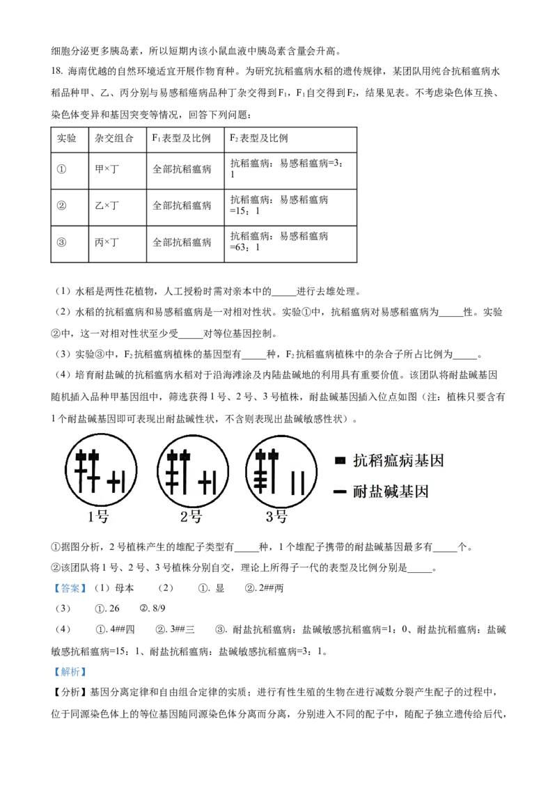 2024年高考生物真题（海南自主命题）（解析版）_全国卷+地方卷_6.生物_1.生物高考真题试卷_2024年高考-生物_2024年海南自主命题-生物