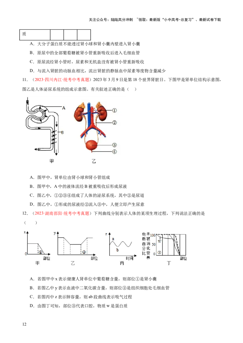 专题13人体内废物的排出（原卷版）_02中考总复习（2026版更新中）_08-生物-中考总复习_2024年中考复习资料_一轮复习_❤备战2024年中考生物一轮复习考点帮（全国通用）_练习
