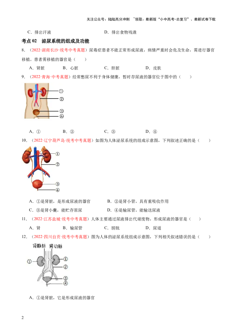 专题13人体内废物的排出（原卷版）_02中考总复习（2026版更新中）_08-生物-中考总复习_2024年中考复习资料_一轮复习_❤备战2024年中考生物一轮复习考点帮（全国通用）_练习