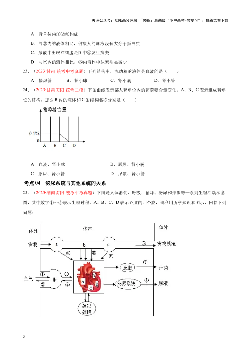 专题13人体内废物的排出（原卷版）_02中考总复习（2026版更新中）_08-生物-中考总复习_2024年中考复习资料_一轮复习_❤备战2024年中考生物一轮复习考点帮（全国通用）_练习