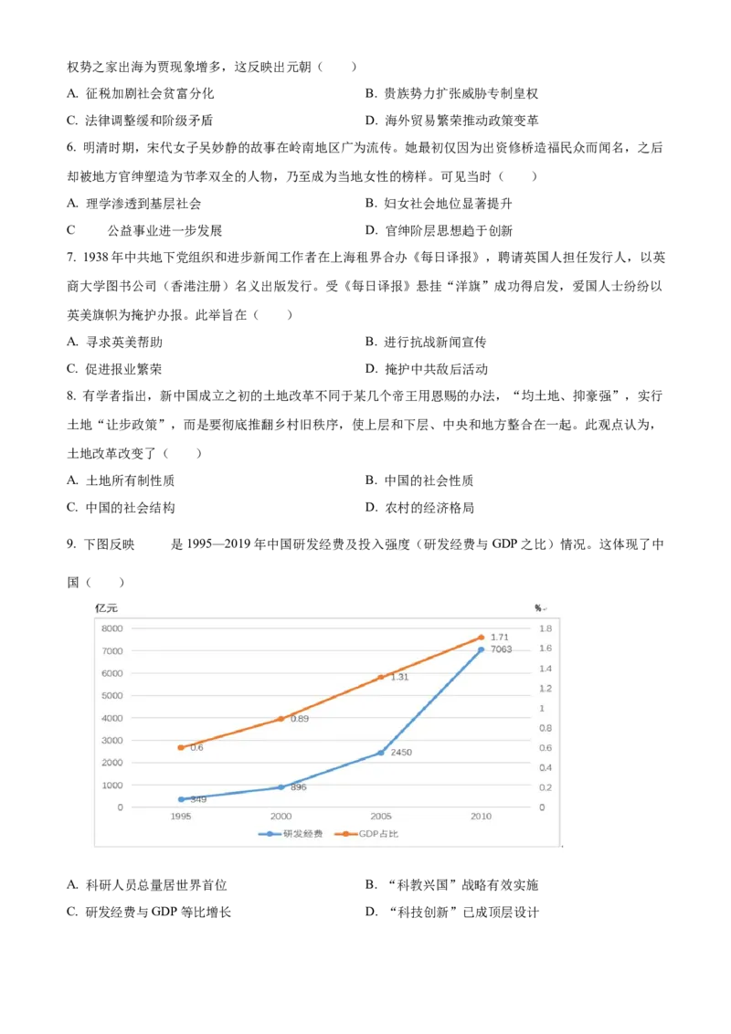 2024年高考历史真题（重庆自主命题）（原卷版）_全国卷+地方卷_7.历史_1.历史高考真题试卷_2024年高考-历史_2024年重庆自主命题-历史
