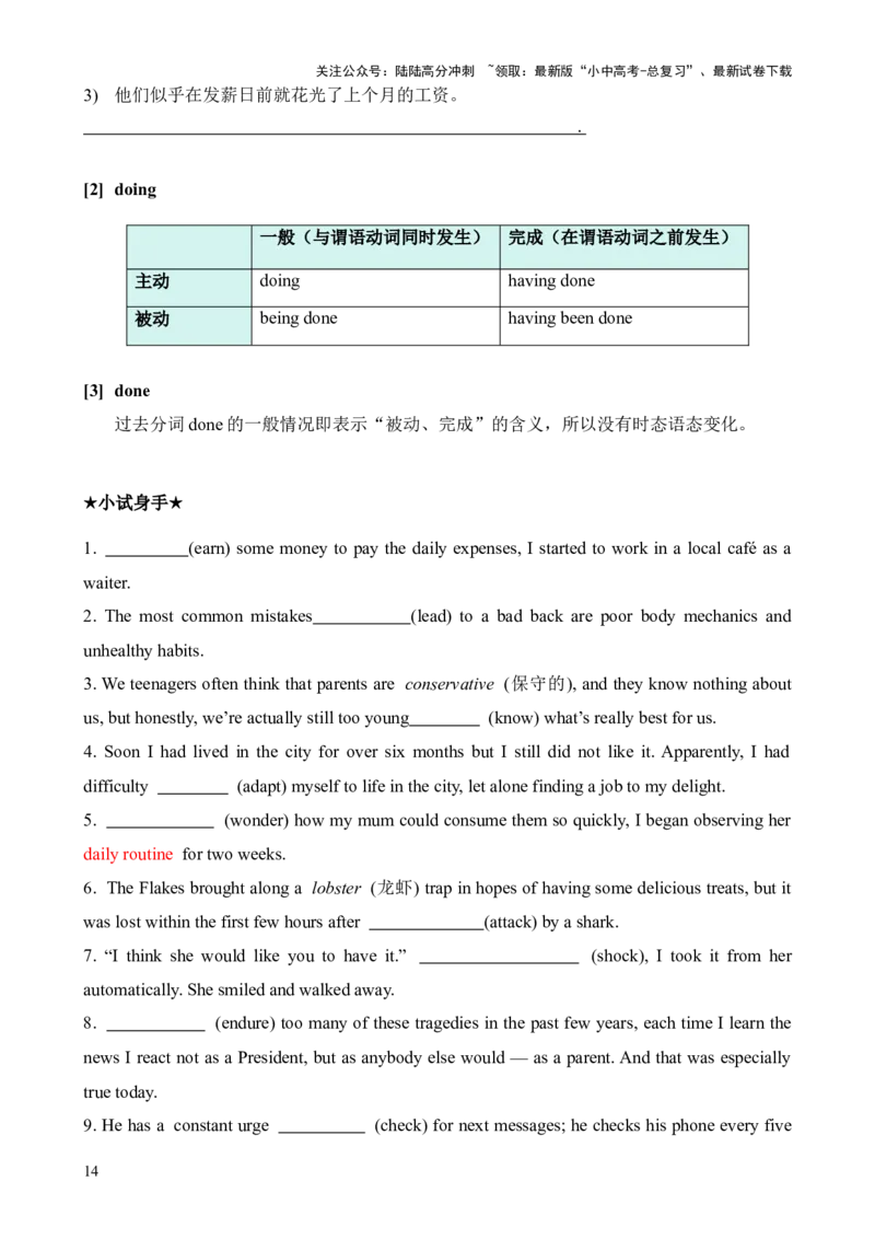 专题14非谓语动词知识梳理-口袋书2024年中考英语一轮复习知识清单（全国通用）（原卷版）_02中考总复习（2026版更新中）_03-英语-中考总复习_2024年中考复习资料_一轮复习