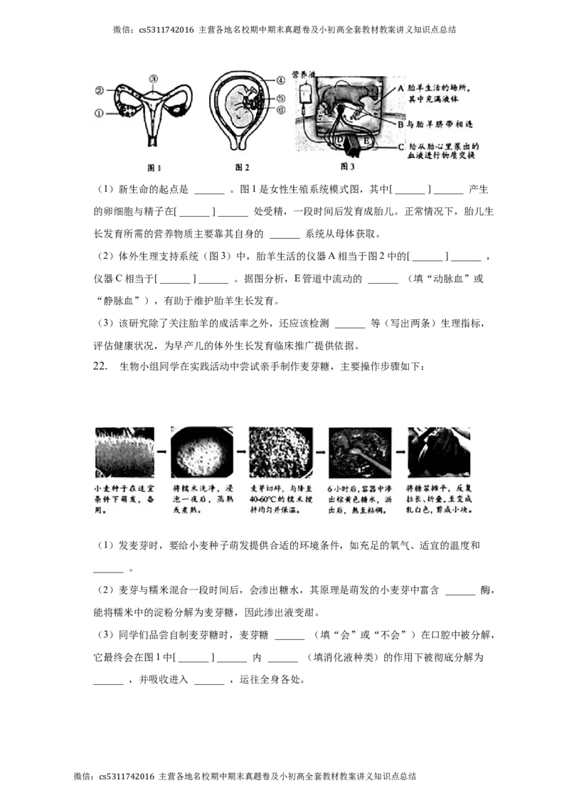 北京市西城区2022-2023学年七年级下学期期末生物试卷(1)_北京初中期末题_C605-京七八九_B京生物七八九_北京7下生物_2022-2024_北京生物7下期末
