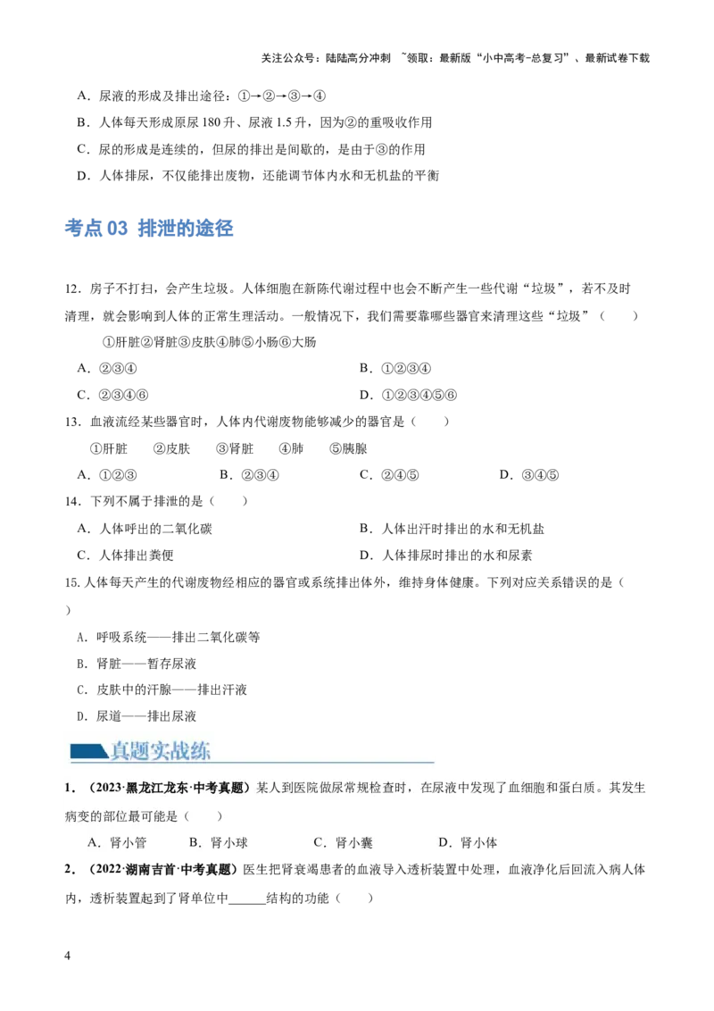 专题13人体内废物的排出（练习）（原卷版）_02中考总复习（2026版更新中）_08-生物-中考总复习_2024年中考复习资料_一轮复习_❤2024年中考生物一轮复习讲练测（全国通用）_练习