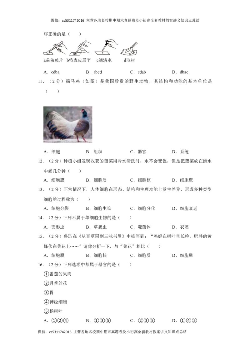 北京市顺义区2023-2024学年七年级上学期期末生物试卷(1)_北京初中期末题_C605-京七八九_B京生物七八九_北京7上生物_2022-2024_北京生物7上期末