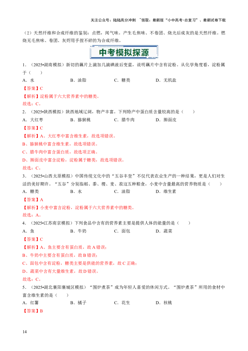 专题13化学与生活（解析版）_02中考总复习（2026版更新中）_05-化学-中考总复习_2026年中考复习（更新中）_备战2026年中考化学真题题源解密
