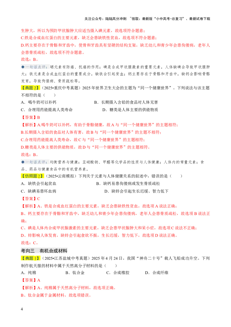 专题13化学与生活（解析版）_02中考总复习（2026版更新中）_05-化学-中考总复习_2026年中考复习（更新中）_备战2026年中考化学真题题源解密