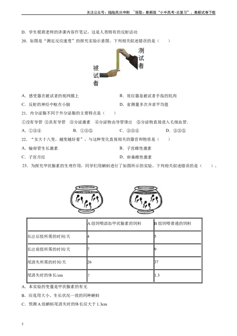 专题14人体生命活动的调节（习题精练）-省心备考2024年中考生物一轮复习精讲精练（全国通用）（原卷版）_02中考总复习（2026版更新中）_08-生物-中考总复习_2024年中考复习资料